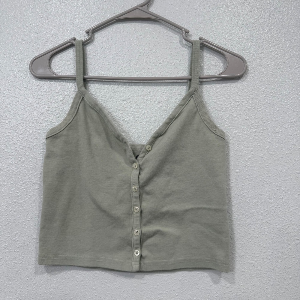 John Galt Brandy Melville Sage Green Ribbed Button Front Cami Crop Tank Top